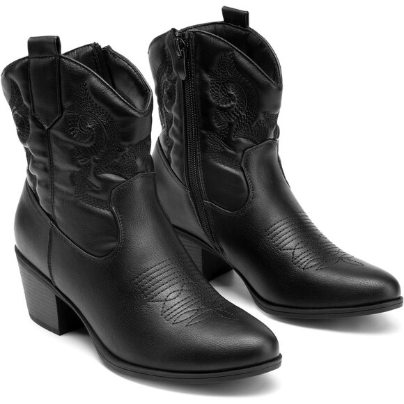 DREAM PAIRS Ankle Boots Women's Black Leather Fashion Low chunky Heel Round Toe - Picture 5 of 7